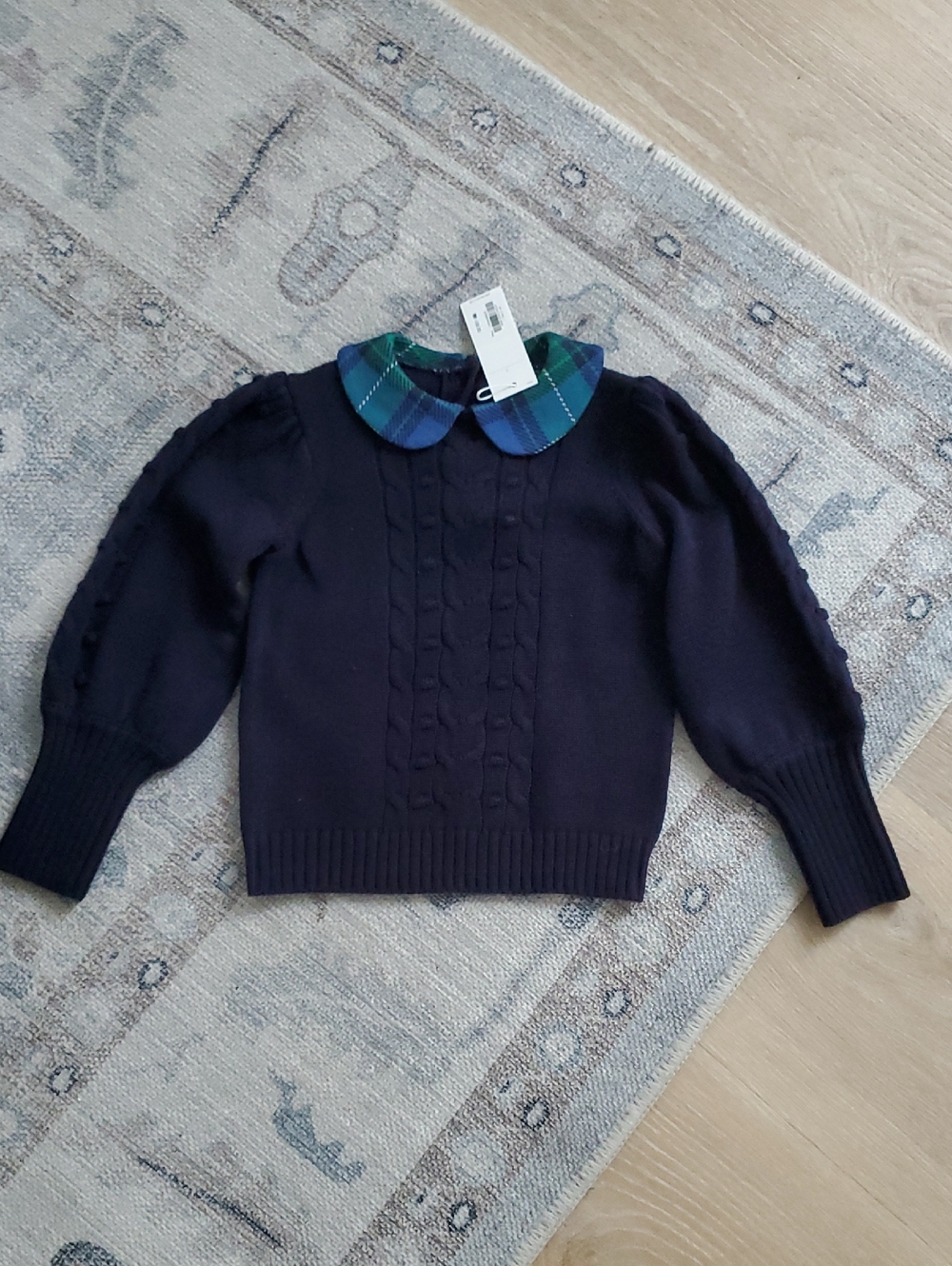 NWT Janie and Jack Girls Cable Knit Tartan Collar Sweater Dark Marine Sz3